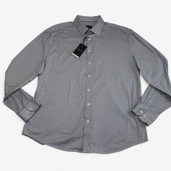 Bugatchi Shirt Mens 3XL Navy Geometric Print 8 Way Stretch Button Up Long Sleeve